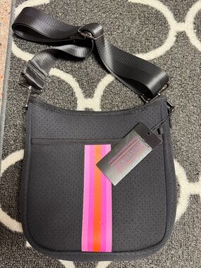 NWT Black Crossbody Neoprene Bag with Pink & Orange Stripe